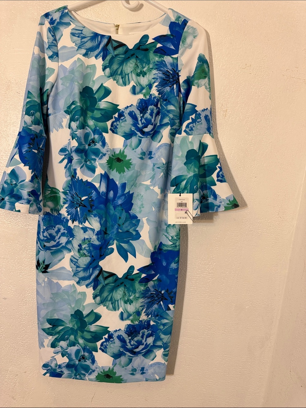 Calvin Klein Blue & Teal Floral Dress with Bell Sleeves size 6